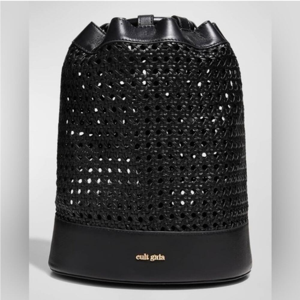 Cult Gaia Fifa woven black leather bucket backpack